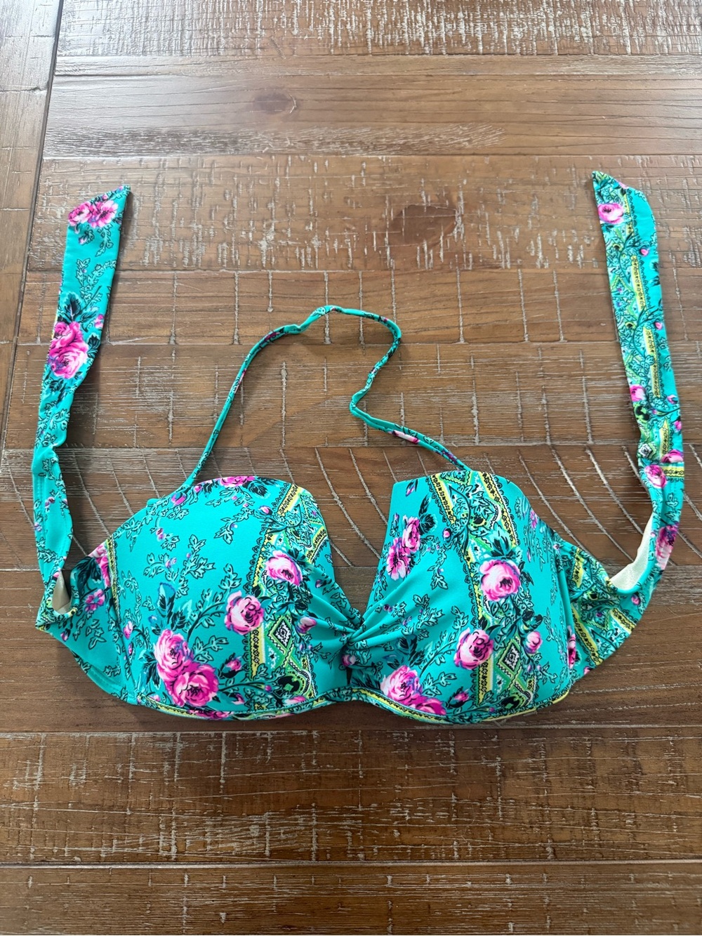Betsey Johnson Turquoise Floral Bikini Top with Pink Accents